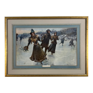 Antique Print Skating on the Serpentine by H. G. Theaker – Edwardian Ice Skating Scene