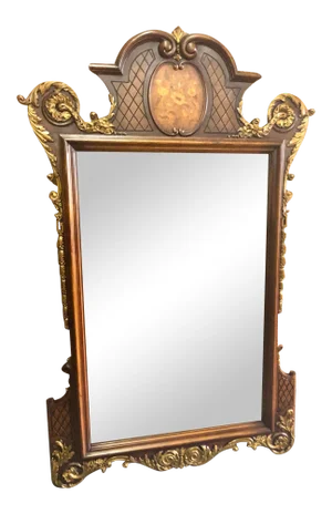 Vintage Carved & Inlaid French Style Wall Mirror W/Burnished Gold Highlights