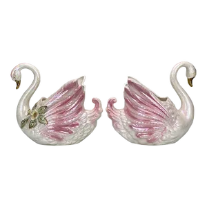 Vintage Traditional Porcelain Lusterware Swan Bird Planters - a Pair