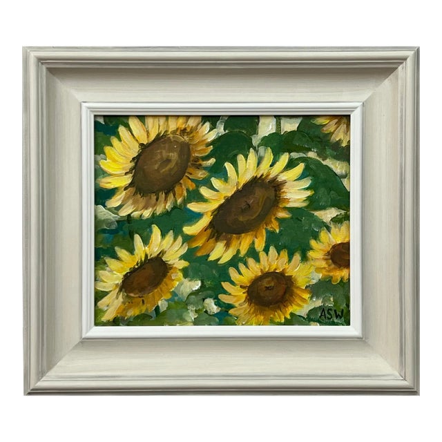 Angela Wakefield Golden Yellow Sunflowers Study on Green Background by Contemporary Artist, 2023 For Sale