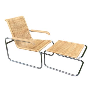 Late 20th Century Marcel Breuer B35 by Thonet Bauhaus Wicker & Chrome Armchair & Ottoman For Sale