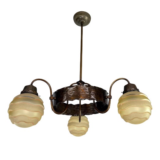 Art Nouveau Brass 3-Arm Chandelier with Scalloped Glass Shades, 1920s For Sale
