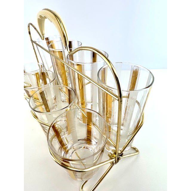 1960s Mid-Century Modern Gold & Frosted Stripe Cocktail Glass Barware Caddy, Set of 8 For Sale In Little Rock - Image 6 of 9