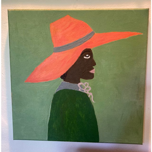 Folk Art Original Folk Art Style Painting of ‘Girl in Tangerine Hat’ For Sale - Image 3 of 7