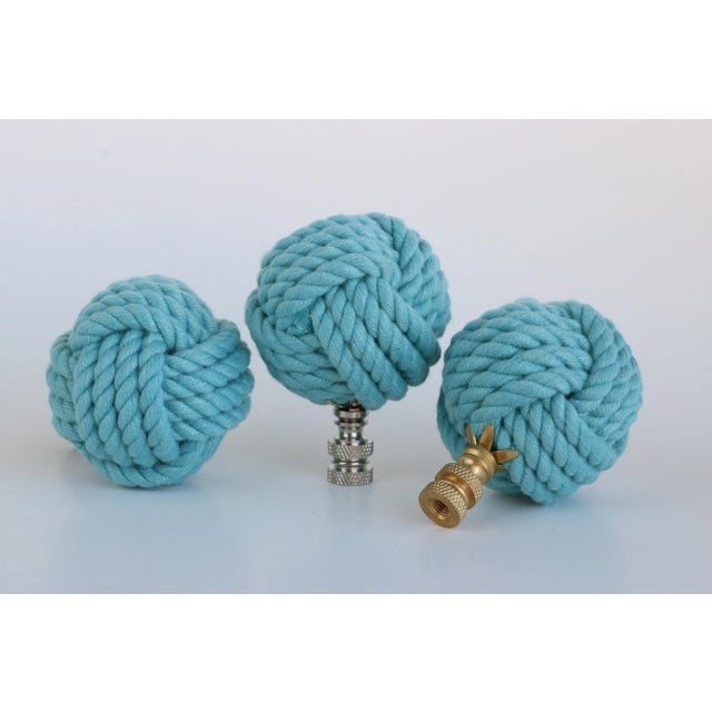 Nautical Nautical Knot Lamp Finial in Robin's Egg Blue on Brass Hardware For Sale - Image 3 of 4