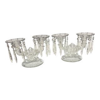 Vintage Hollywood Regency Crystal Prism Double Glass Candlestick Holders – Pair For Sale