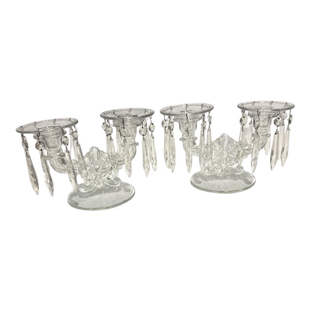 Vintage Hollywood Regency Crystal Prism Double Glass Candlestick Holders – Pair For Sale