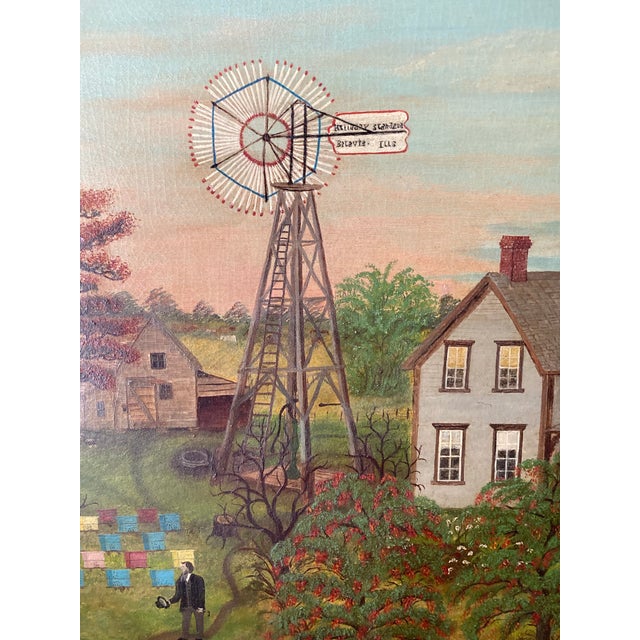 American School, 19th Century Farm Scene W/Halladay Standard Windmill Oil on Canvas Circa 1870 Windmill Inscribed Halladay Standard / Batavia,ILLS For Sale - Image 6 of 10
