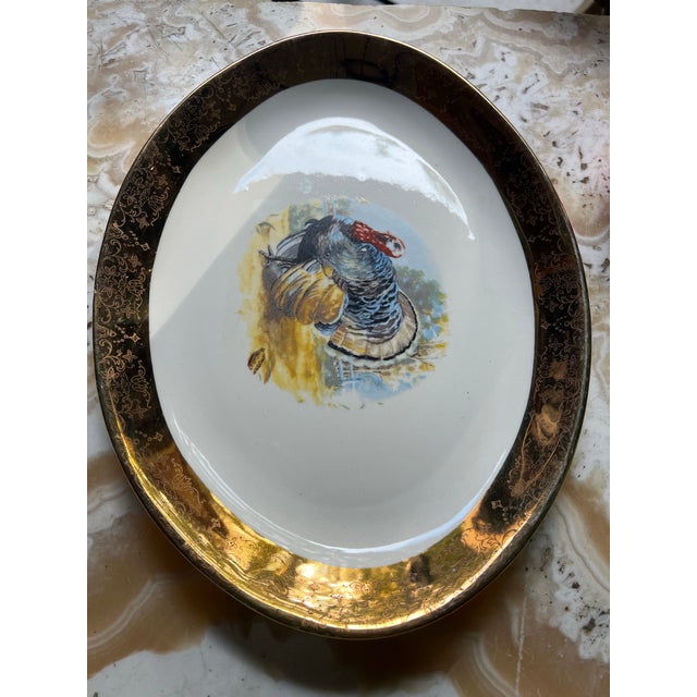 Vintage Thanksgiving Turkey Ceramic Platter With Gold Rim Accents For Sale In Atlanta - Image 6 of 12