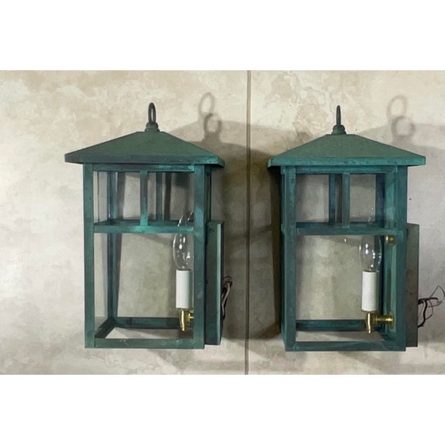 Vintage Pair of Solid Brass Outdoor Wall Lanterns – 13”h X 7”.5w X 7”.5d For Sale - Image 10 of 18