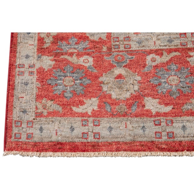Contemporary Modern Red Indian Wool Rug Handmade With Allover Floral Motif For Sale - Image 3 of 7