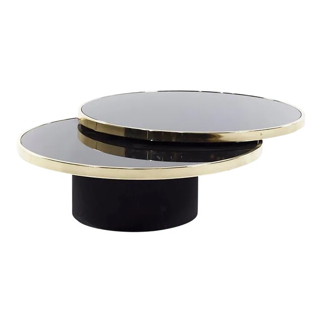 Design Institute of America Mid Century Black & Brass Revolving Two Tier Coffee Table For Sale