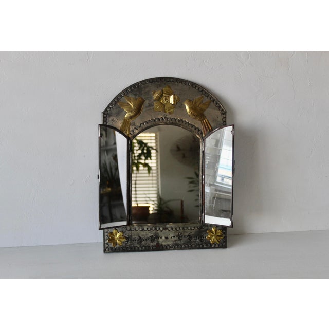 Folk Art Handcrafted Mexican Tin Mirror With Opening Doors Folk Art Vintage For Sale - Image 3 of 15