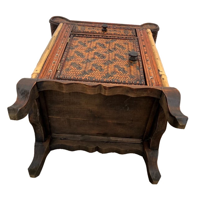 1960s Asian Mid Century Nightstand Cabinet With Drawer Wicker and Bamboo Curved Top For Sale - Image 13 of 13