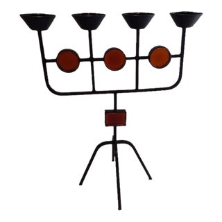 Mid-Century Modern Eric Hoglund Gunnar Ander Candelabra Amber Glass and Metal by Ystad Metall Sweden For Sale