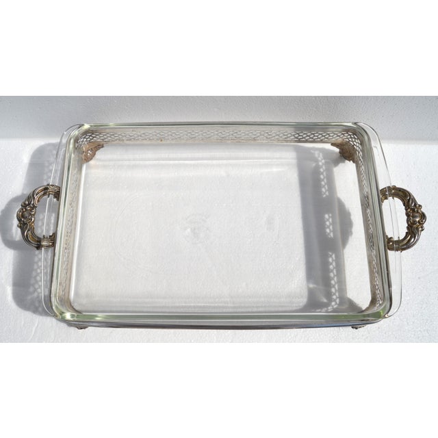 Metal 1950s Pyrex Glass Silver Plate Holders Rectangle Baking Pan Casserole Serving Dishes - Set of 2 For Sale - Image 7 of 18