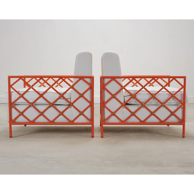 Pair of French Maison Jean Orange Iron Lattice Lounge Chairs For Sale In Sacramento - Image 6 of 18