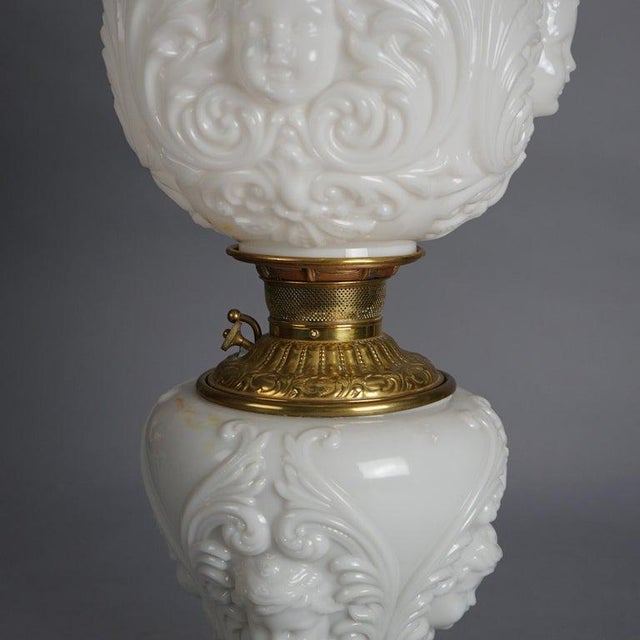 1900 - 1909 Antique Blanc De Chine Brass & Bronze Cupid Oil Lamp With Blown Out Glass C1900 For Sale - Image 5 of 12