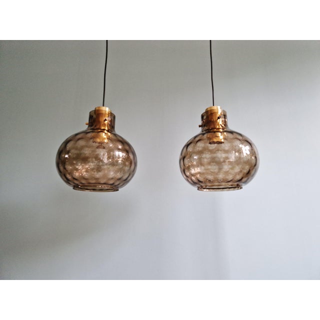 Brass and Smoked Blown Glass Pendant Lights from Glashütte Limburg, 1970, Set of 2 For Sale - Image 10 of 18