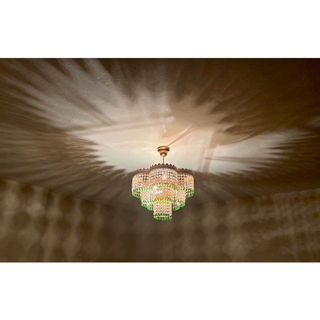 Vintage Crystal Tiered Flush Mount Chandelier With Green Crystal Accents - Restored For Sale - Image 10 of 18