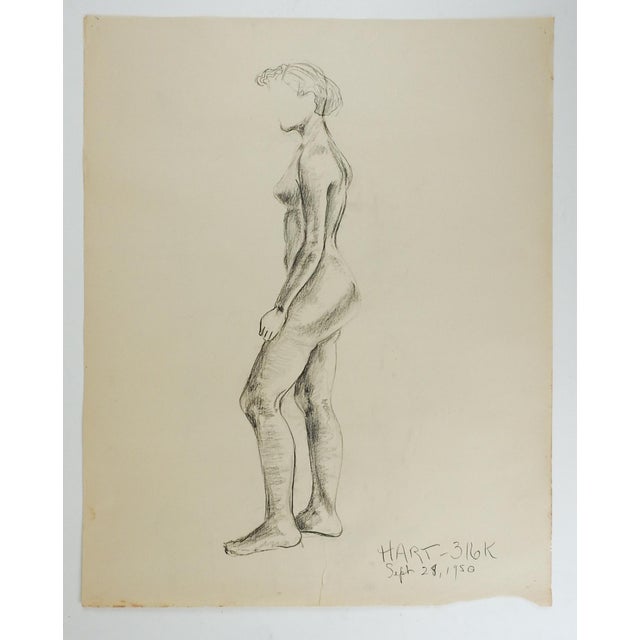 Vintage 1950 charcoal on paper study drawing of woman by Geneva Flores Hart (1906-2008) Texas. Signed and dated lower...