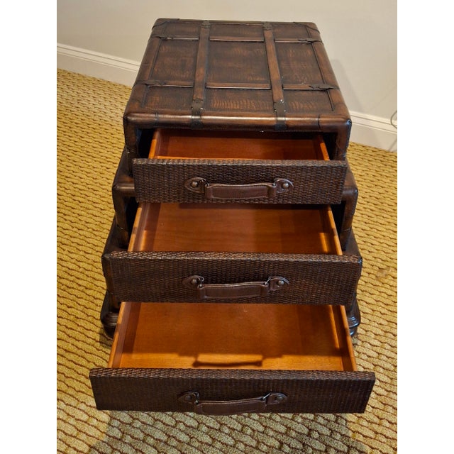 Chocolate Late 20th Century Stacking Luggage-Form Leather & Woven Rattan Side Table Chest For Sale - Image 8 of 11