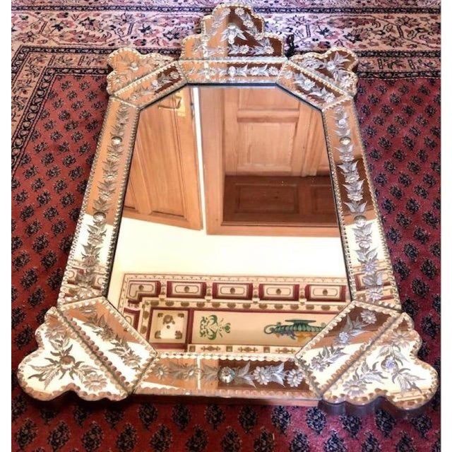 Antique Venetian Opulent Murano Glass Mirror with Engravings and Beveled Edges, 1920s For Sale - Image 11 of 11