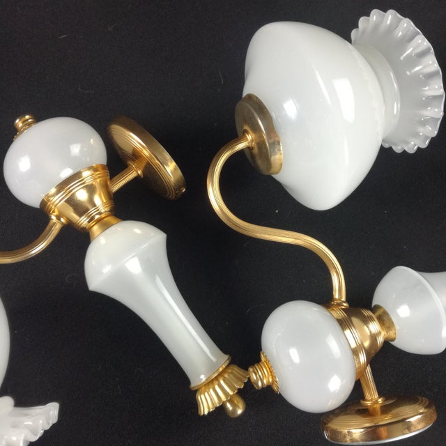 Golden Metal and Opal Glass Sconces, 1970s, Set of 2 For Sale - Image 6 of 12
