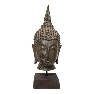 Antique Bronze Buddha Head Sculpture With Verdigris on Stand 19th C. For Sale