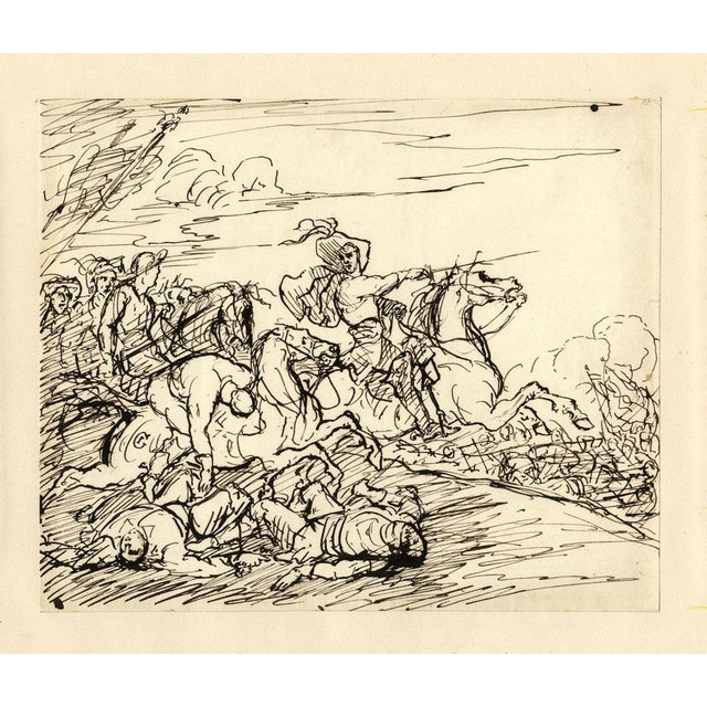 An original mid-19th-century pen & ink drawing, John Grant, Cavalry Battlefield Scene.An accomplished drawing in brown...