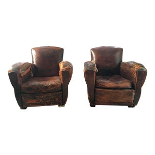 Vintage French Leather Club Chairs - A Pair For Sale