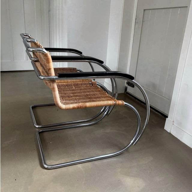 Mid-Century Modern Rattan and Chromed Tubular Metal Lounge Chairs by Ludwig Mies Van Der Rohe, Set of 2 For Sale - Image 3 of 11