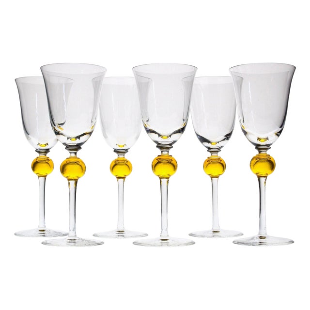 Stemmed Clear Glasses with Uranium Yellow Spheres from Cenedese, 1950s, Set of 6 For Sale