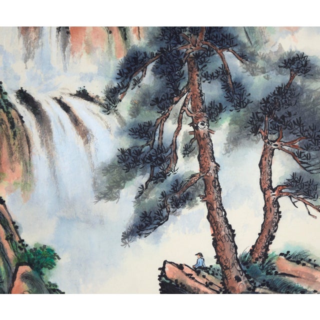 Blue Spring Rain - Vertical Chinese Landscape With Waterfalls and Mountains For Sale - Image 8 of 11