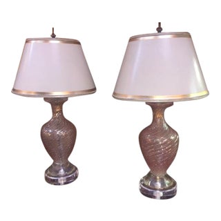 Vintage Pink Murano Swirl Lamps on Lucite - A Pair For Sale