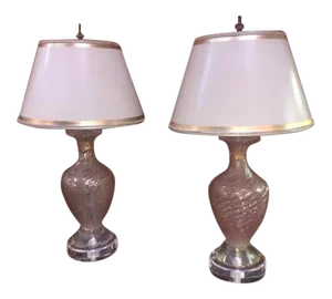 Vintage Pink Murano Swirl Lamps on Lucite - A Pair