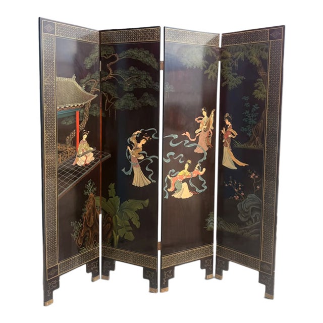 Vintage Chinese Chinoiserie Four-Panel Hand-Painted Black Lacquer Folding Screen For Sale