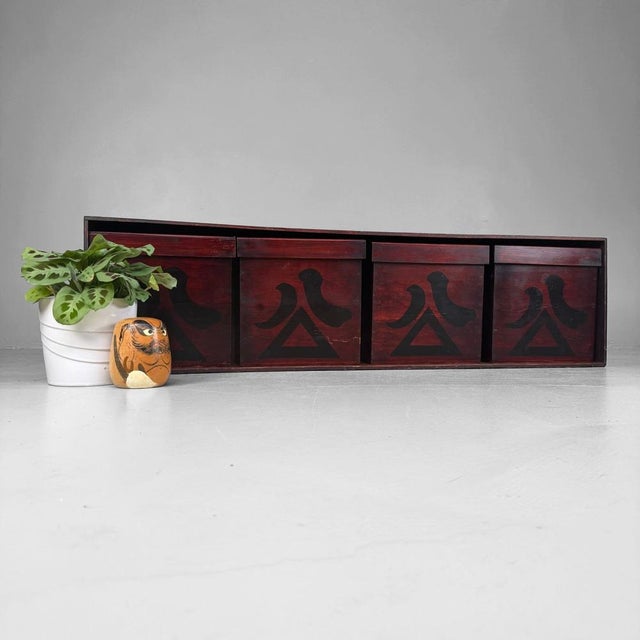Contemporary Antique Japanese Chochin-Bako Lantern Storage Boxes in Wall Rack, 1860s, Set of 4 For Sale - Image 3 of 17