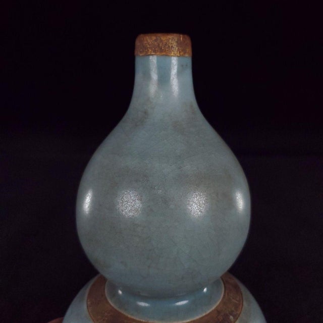Chinese Vintage Chinese Ru Ware Style Gourd Vase With Metal Bound Rim For Sale - Image 3 of 9