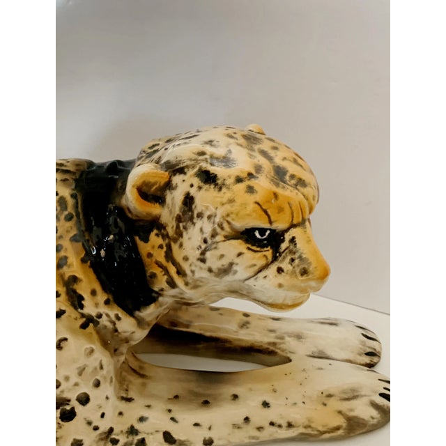 California Pottery Large 1970 California Pottery Leopard Cat Sculpture, Glazed Ceramic Hollywood Regency Icon For Sale - Image 4 of 13