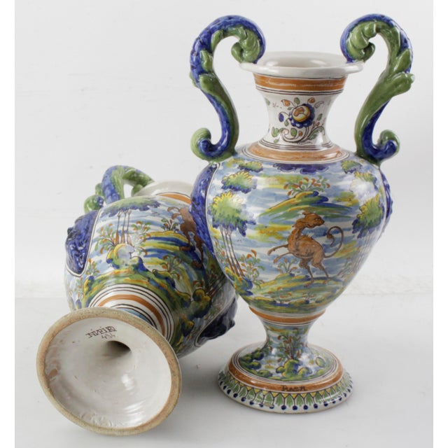 Antique Italian Majolica Italian Blue and Green Two Handled Urns - A Pair For Sale - Image 13 of 18