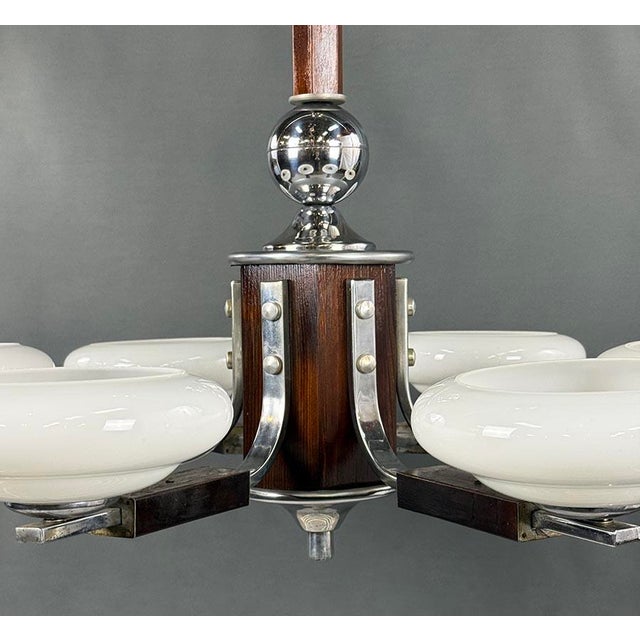 Art Deco Chrome and Wood Chandelier with Glass Shades, 1930s For Sale - Image 3 of 9