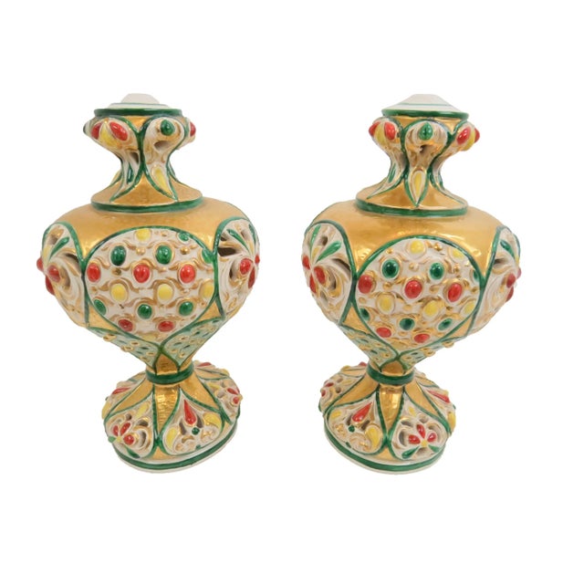 Traditional Antique Italian Polychrome and Gilt Embossed Reticulated Majolica Jewel Urns - a Pair For Sale - Image 3 of 13