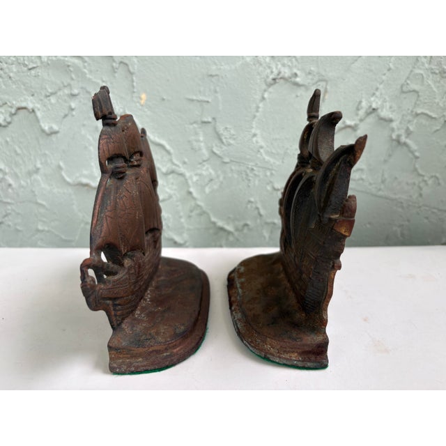 Vintage Heavy Cast Iron Elizabethan Galleon Ship Bookends – Nautical Maritime Library Decor – Pair For Sale - Image 11 of 11
