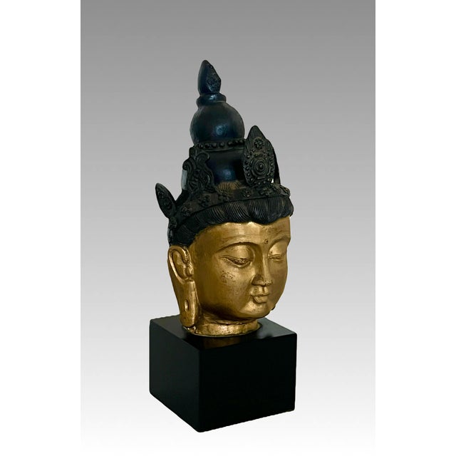 Mid 20th Century Mounted Asian Gold Buddha Head on Black Pedestal For Sale - Image 5 of 10
