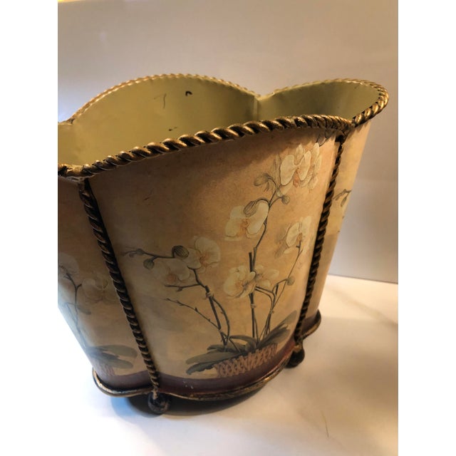 English Vintage Tole Orchid Wastebasket With Scalloped Edge For Sale - Image 3 of 10