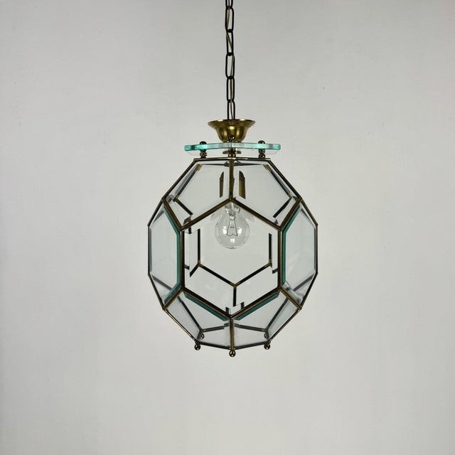 Italian Brass and Beveled Glass Pendant Light in the style of Adolf Loos, 1960s For Sale - Image 11 of 11