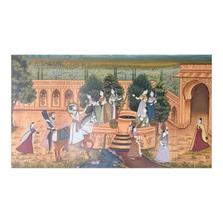 Early 20th Century Large South Indian Pichwai Painting on Silk - Courtship Scene For Sale