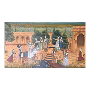 Early 20th Century Large South Indian Pichwai Painting on Silk - Courtship Scene