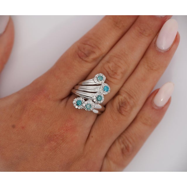 Blue 0.62 Carat Round Blue and White Diamond 5-Row Curved Platinum Ring Size 7.25 For Sale - Image 8 of 8